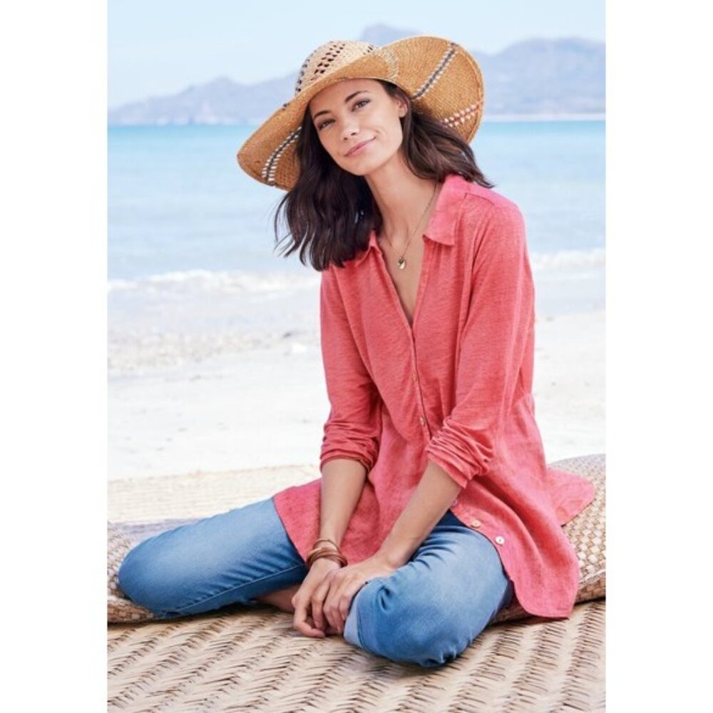 Soft Surroundings 100% Linen Coral Bodrum Tunic Button-Up Lagenlook Top - Large